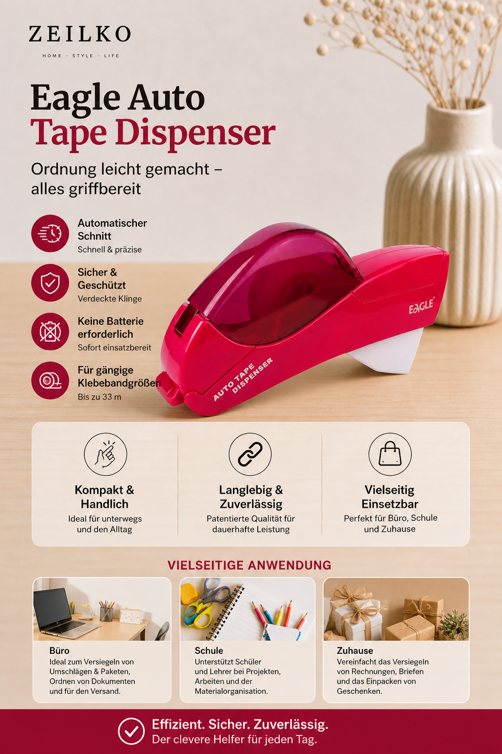 ZEILKO | ClickTape Pro | Automatischer Klebebandabroller | One-Press Dispenser | Magenta