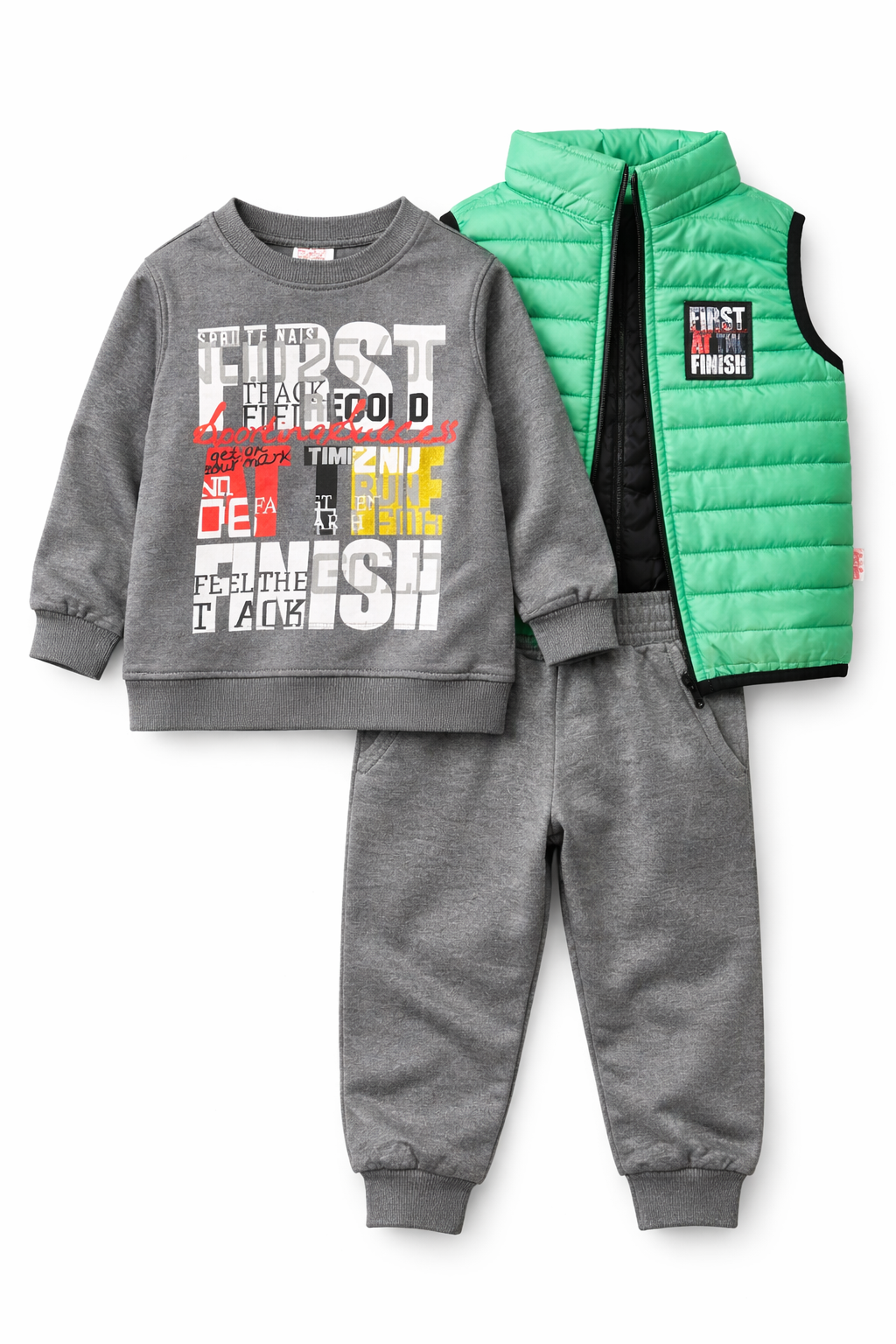 ZEILKO Kids | Jungen 3-teiliges Sport-Set Weste, Sweatshirt & Jogger | Grün/Grau
