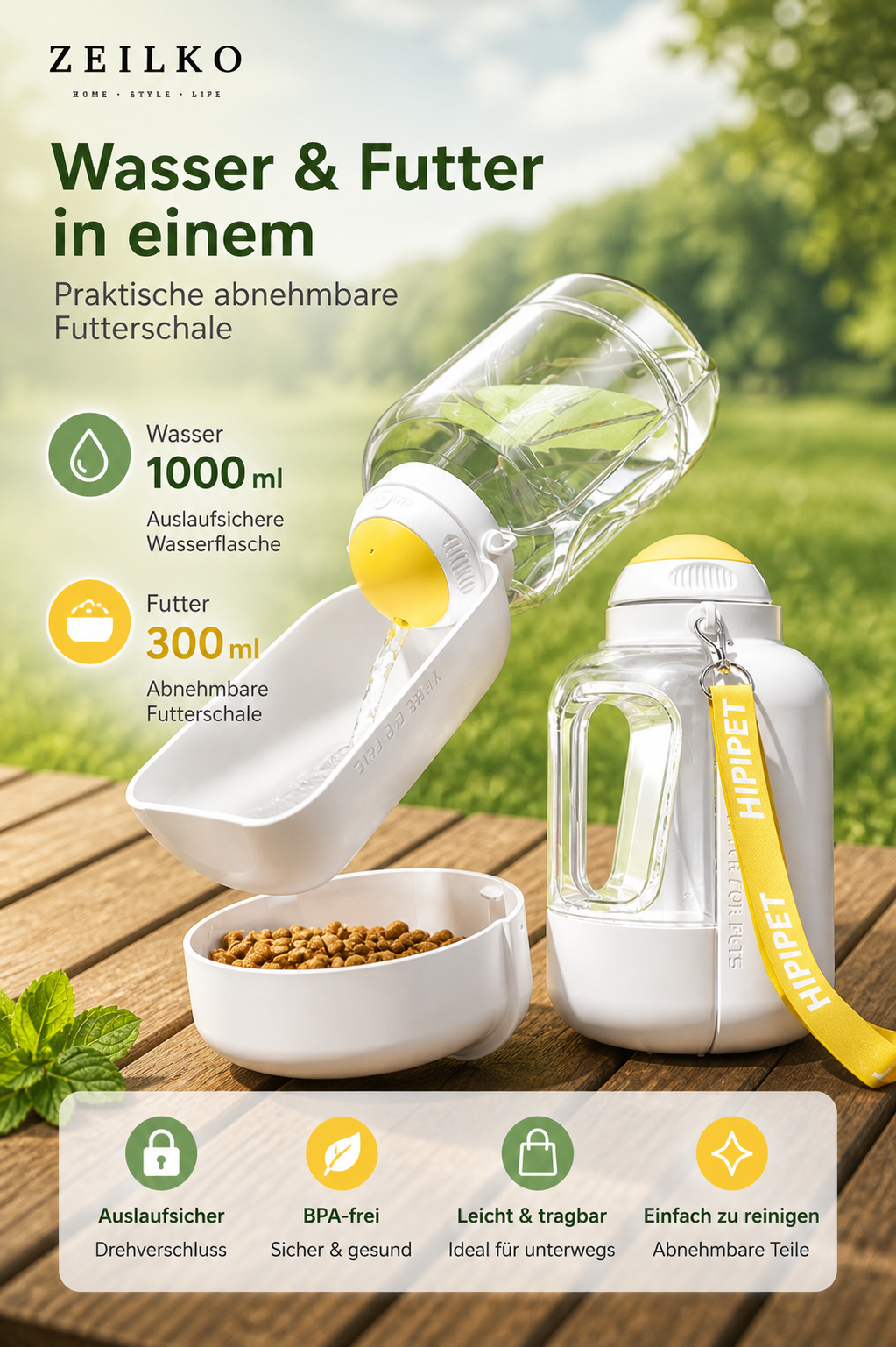 ZEILKO 2-in-1 Hunde-Reiseflasche – 1000ml Wasserreservoir und 300ml Futterfach, auslaufsicher für unterwegs