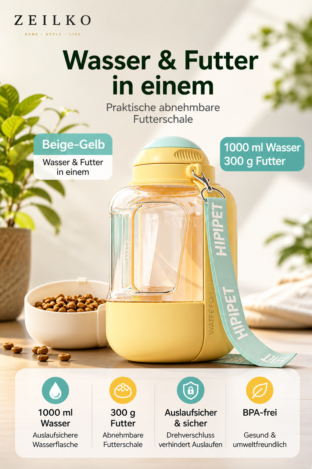 ZEILKO 2-in-1 Hunde-Reiseflasche – 1000ml Wasserreservoir und 300ml Futterfach, auslaufsicher für unterwegs