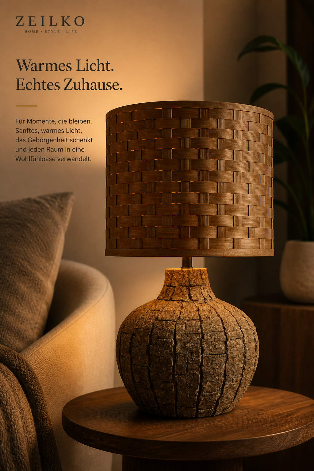 ZEILKO AuraWood Tischlampe Frontansicht – warmes Ambientelicht, handgefertigtes Design aus natürlichen Materialien