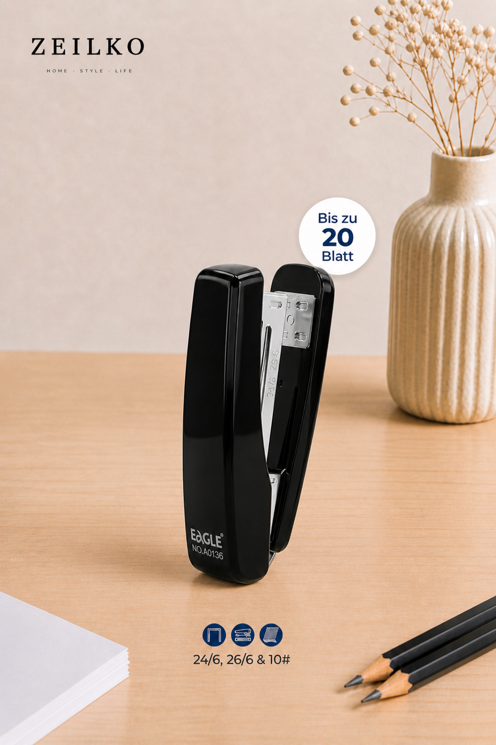 ZEILKO ClassicTac Premium Hefttacker in Schwarz – für Klammern 24/6, 26/6 und 10#, bis 20 Blatt