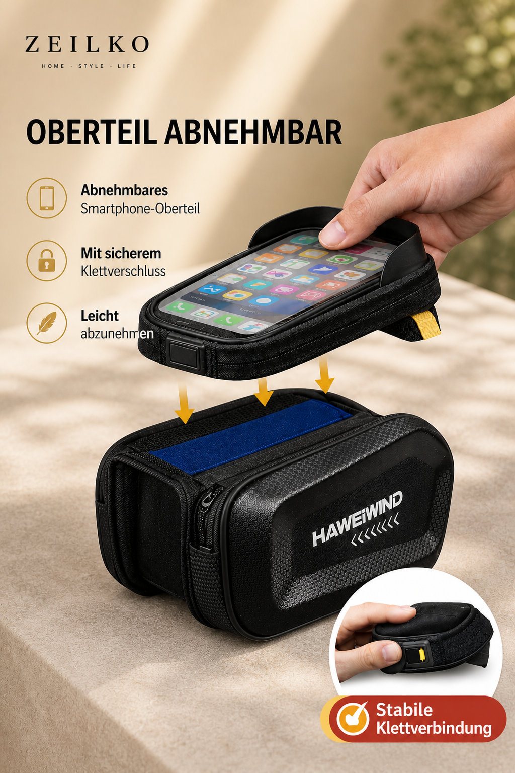 ZEILKO Fahrrad-Oberrohrtasche mit EVA-Hartschale und Handyfach – Touchscreen-kompatibel und regenschutzgeprüft