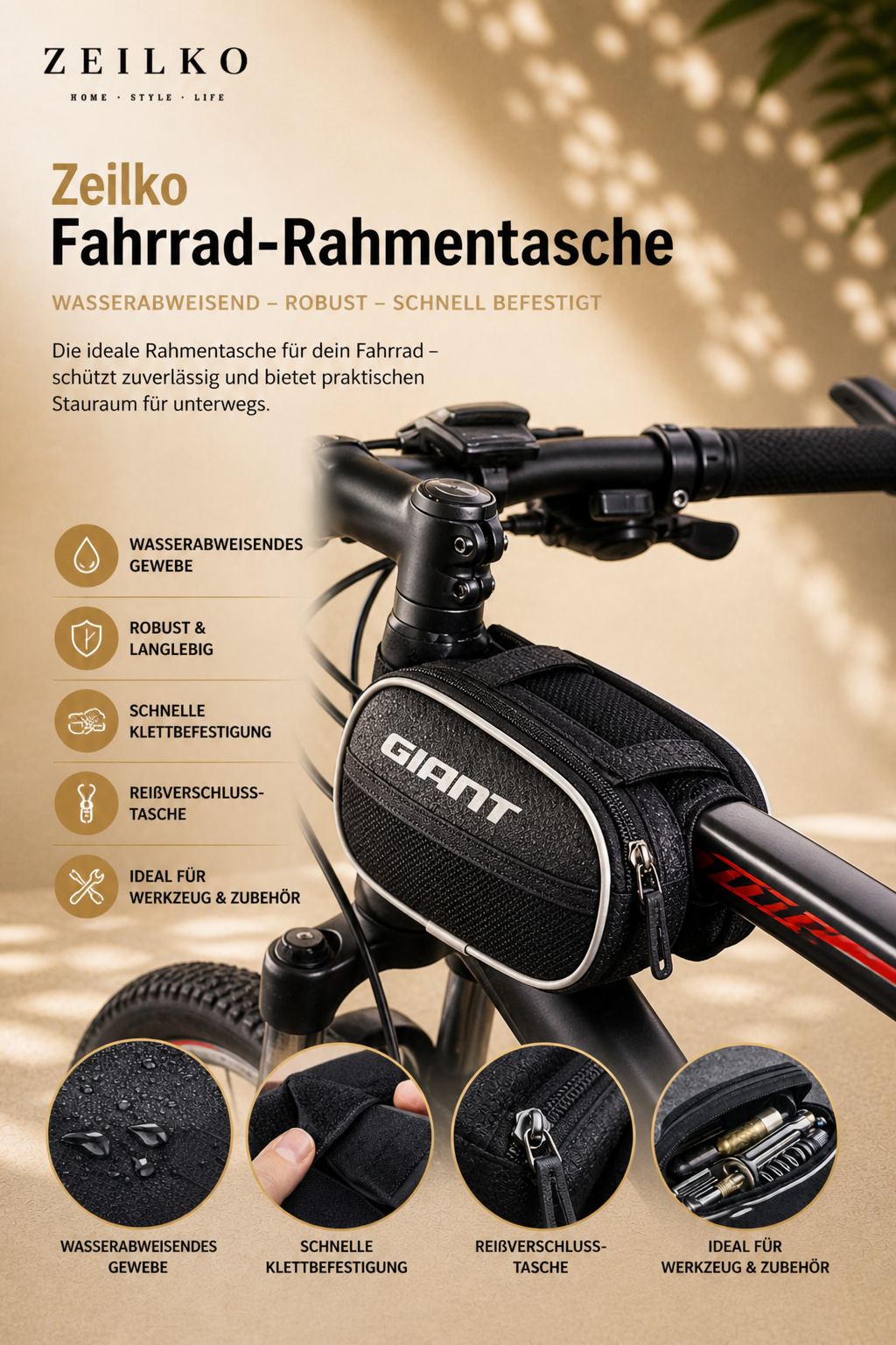ZEILKO Fahrrad-Rahmentasche in Schwarz – wasserabweisend, robust und schnell am Fahrradrahmen befestigt