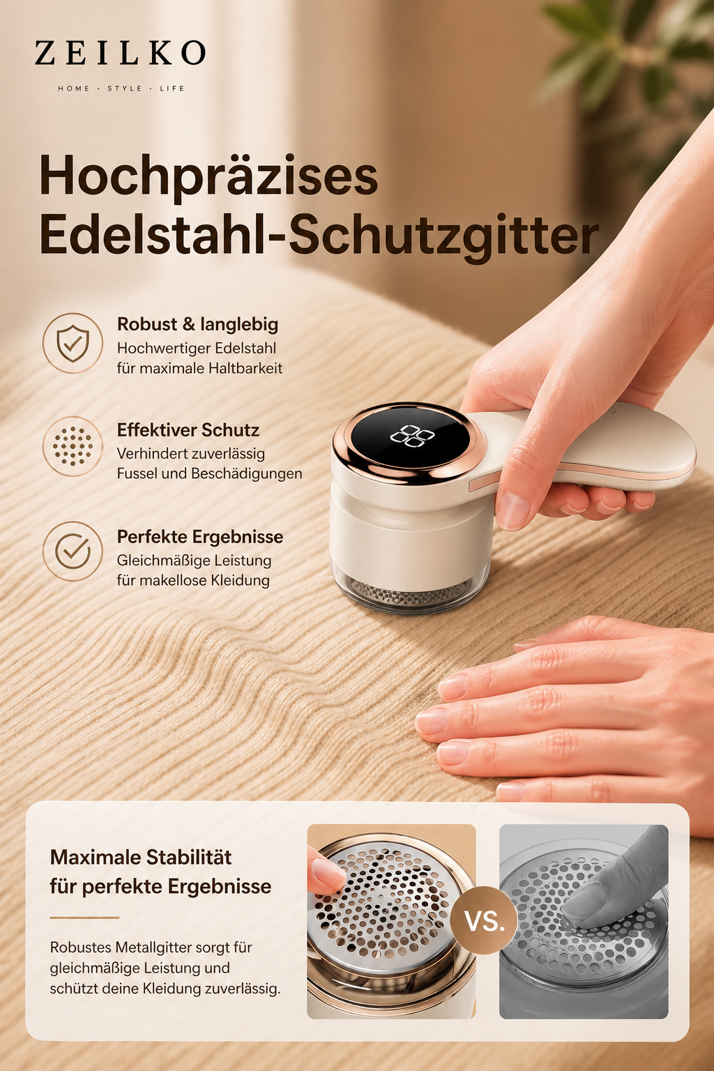 ZEILKO elektrischer Fusselentferner mit 6 Klingen, Titan-Schutzgitter und LCD-Display für präzise Textilpflege