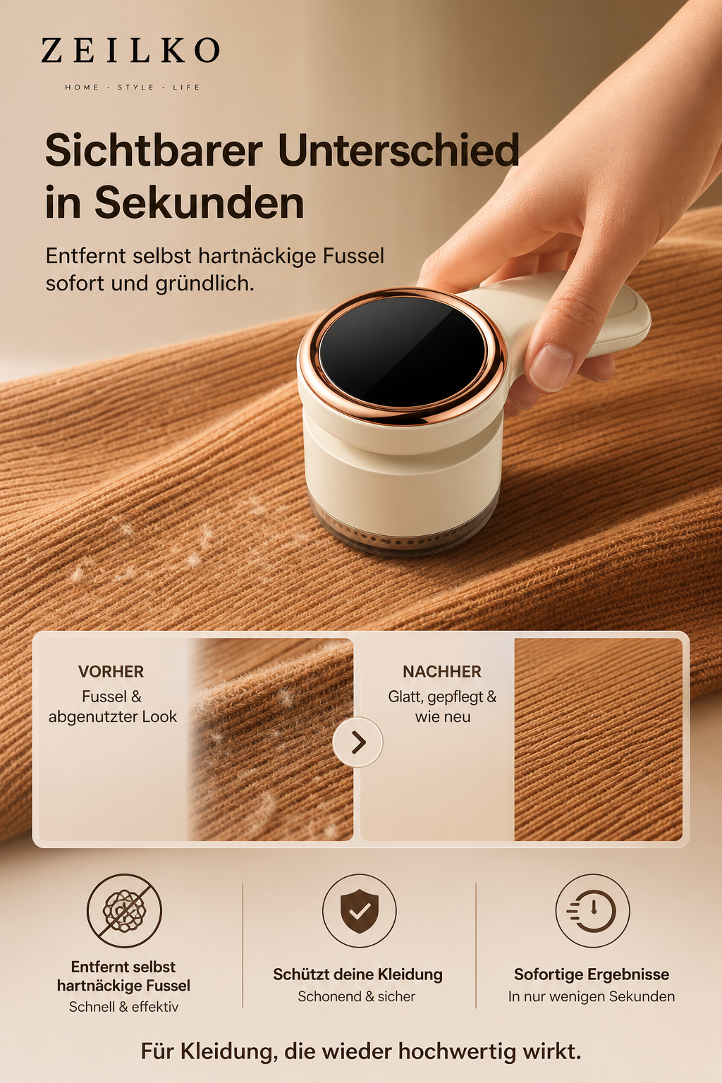 ZEILKO elektrischer Fusselentferner mit 6 Klingen, Titan-Schutzgitter und LCD-Display für präzise Textilpflege