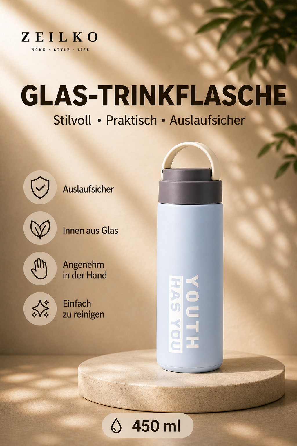 ZEILKO Glas-Trinkflasche 450ml in Mittelgrün – auslaufsicher, leicht und ideal für Sport und Alltag