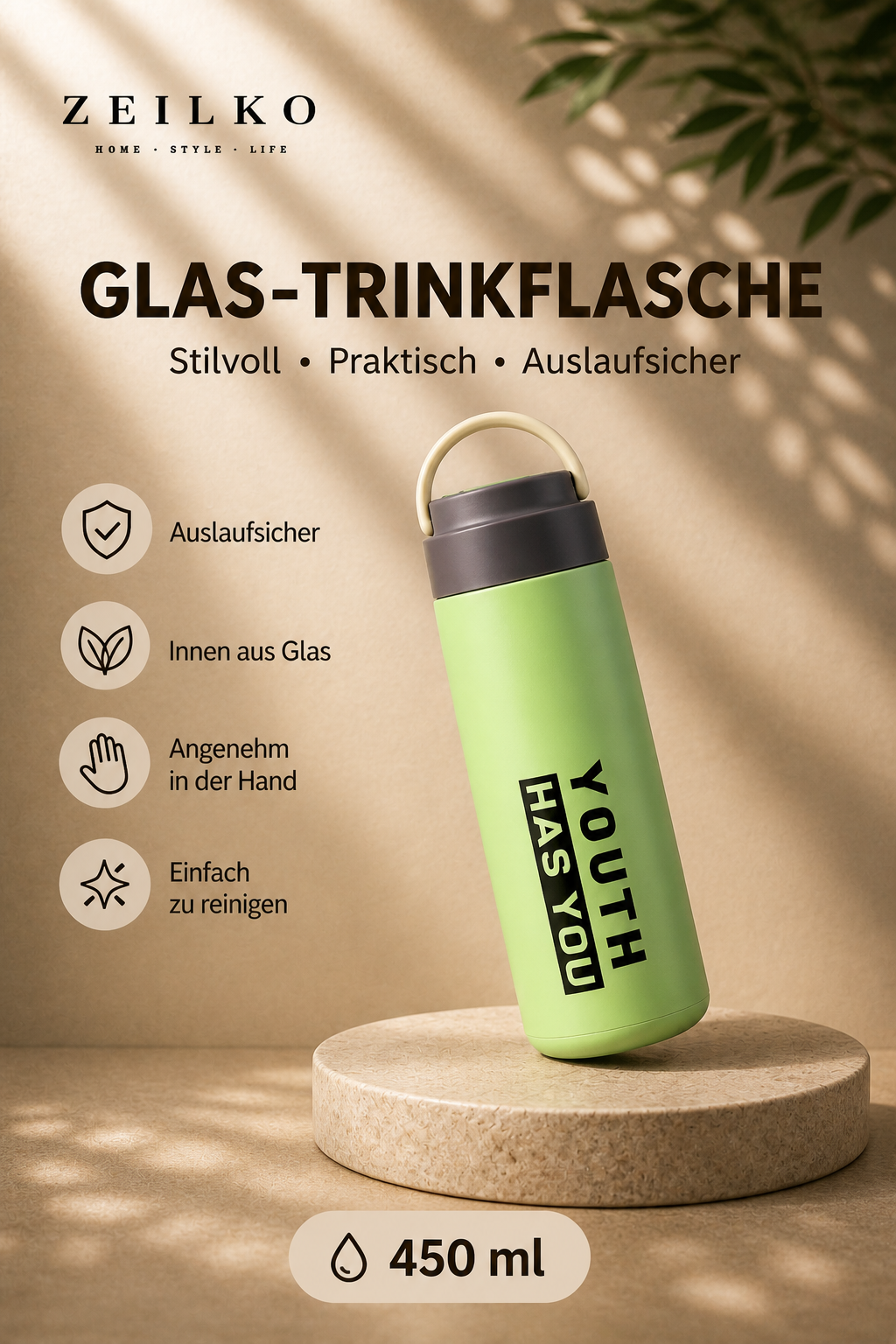 ZEILKO Glas-Trinkflasche 450ml in Mittelgrün – auslaufsicher, leicht und ideal für Sport und Alltag