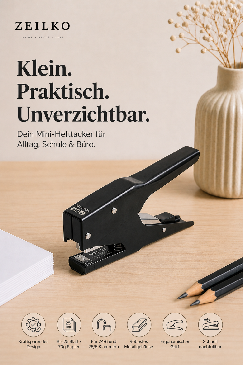 ZEILKO kraftsparender Hand-Hefttacker GripTac Pro schwarz mit hoher Kapazität für Papier, Karton, Stoff, Büro und Zuhause