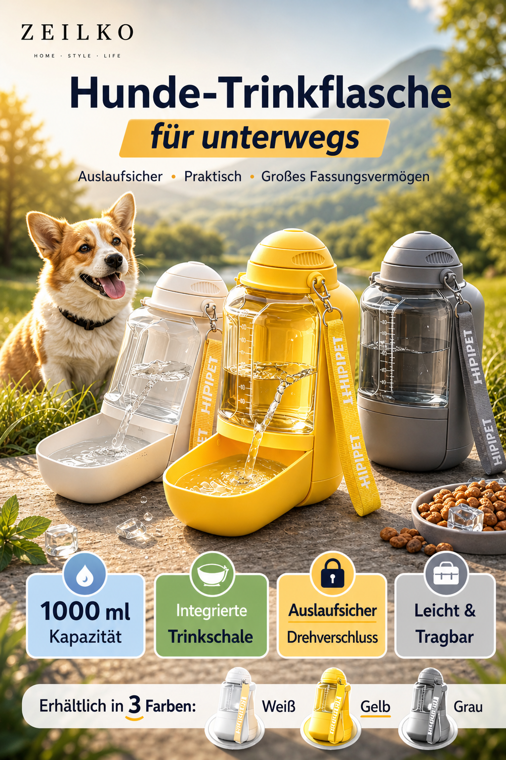 ZEILKO 2-in-1 Hunde-Reiseflasche – 1000ml Wasserreservoir und 300ml Futterfach, auslaufsicher für unterwegs