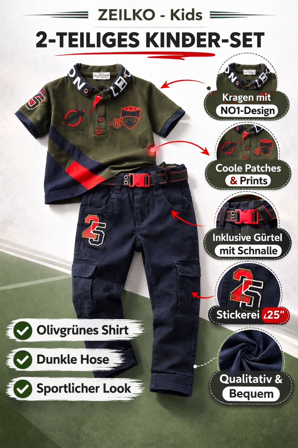ZEILKO Kids Jungen-Set aus Polo-Shirt und Cargo-Hose mit Gürtel, 100% Baumwolle, Sommeroutfit für Jungen