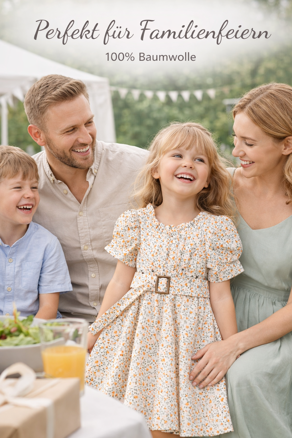 ZEILKO Kids Mädchen Sommerkleid in Creme-Orange mit Blumenmuster, Puffärmeln und Gürtel, 100% Baumwolle