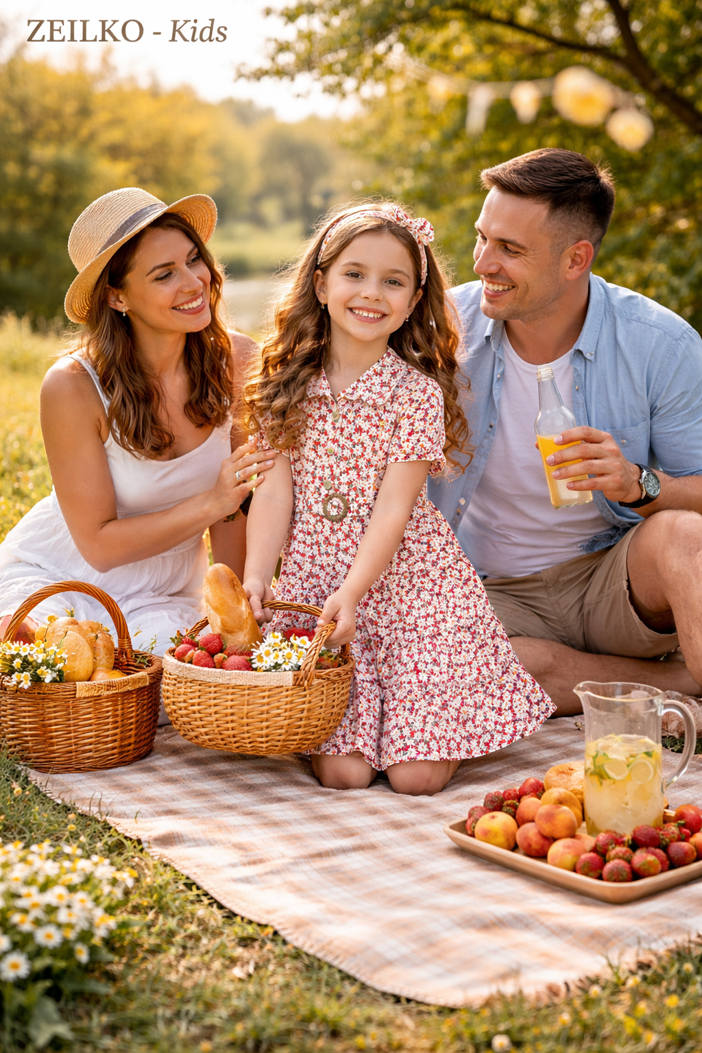 ZEILKO Kids Mädchen Blumenkleid in Rot-Weiß Gänseblümchen-Print mit Gürtel und passendem Haarband