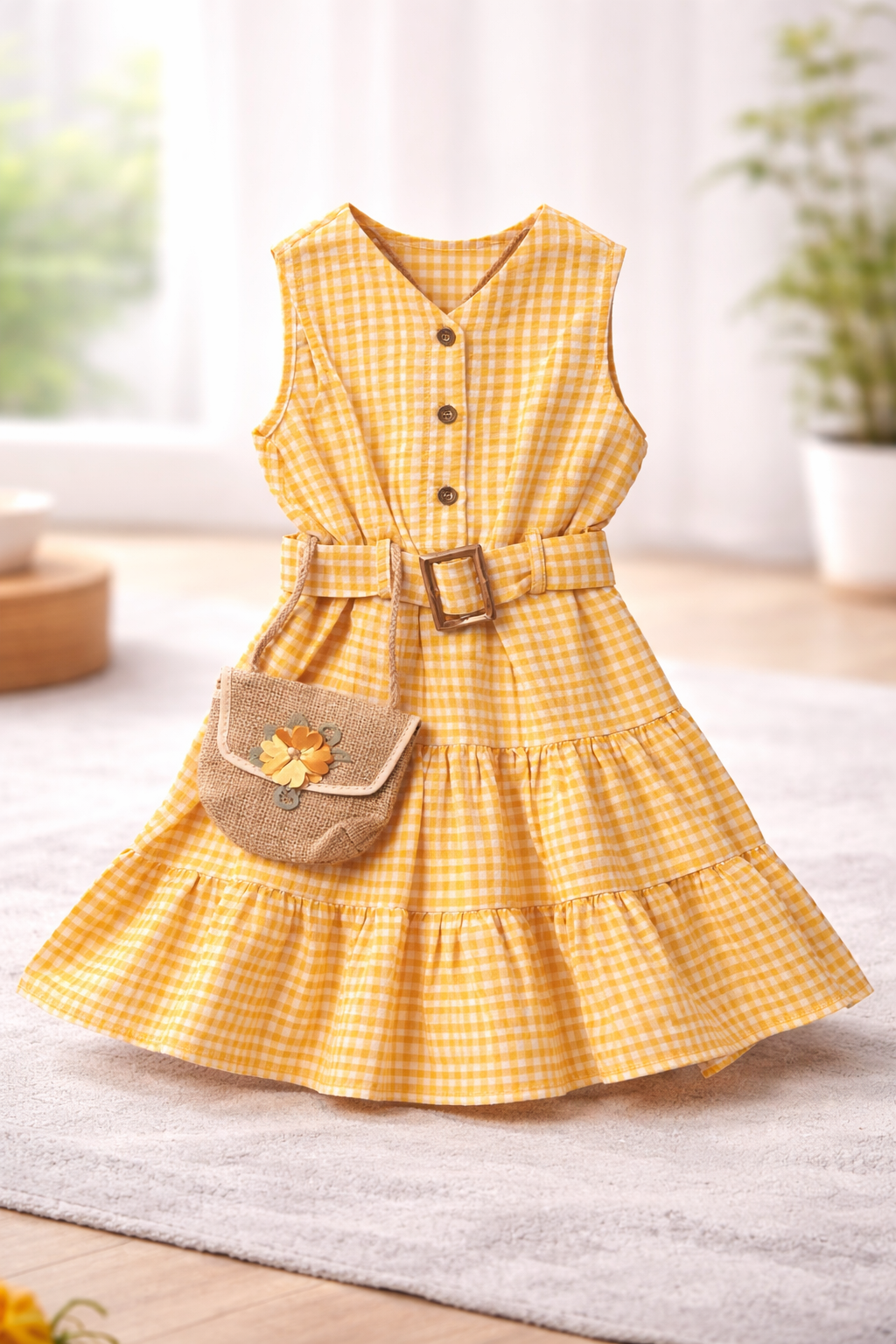 ZEILKO Kids Mädchen Sommerkleid in Gelb-Weiß Karomuster mit Gürtel und Jute-Täschchen, 100% Baumwolle