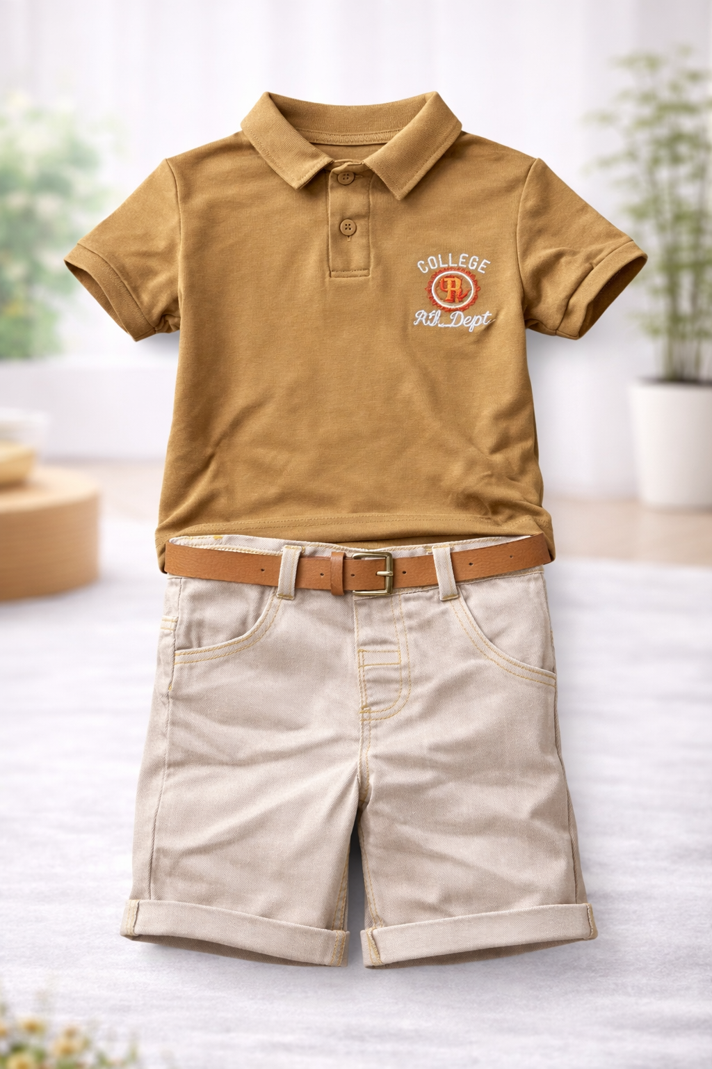 ZEILKO Kids 2-teiliges Jungen Sommeroutfit – beiges College Polo-Shirt mit passenden Shorts und Gürtel