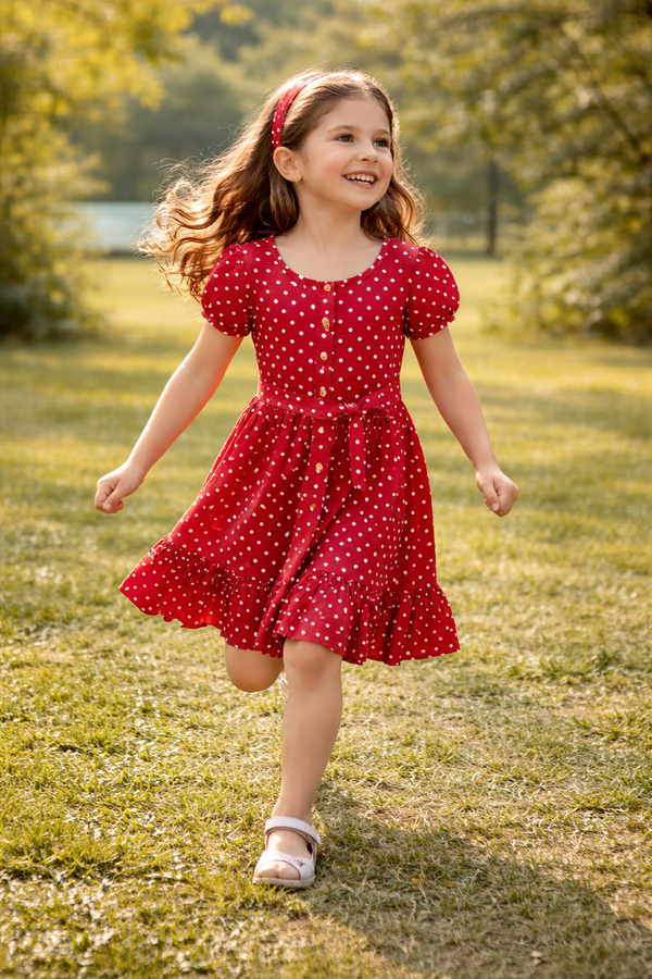Mädchen trägt ein rotes ZEILKO-Kids Sommerkleid mit weißen Punkten und Haarband beim Spielen im sonnigen Park