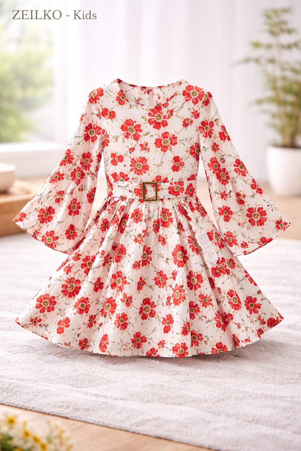 ZEILKO-Kids Mädchen Sommerkleid weiß mit rotem Blumenmuster, Glockenärmeln, Gürtel und luftigem Schnitt für Frühling und Sommer