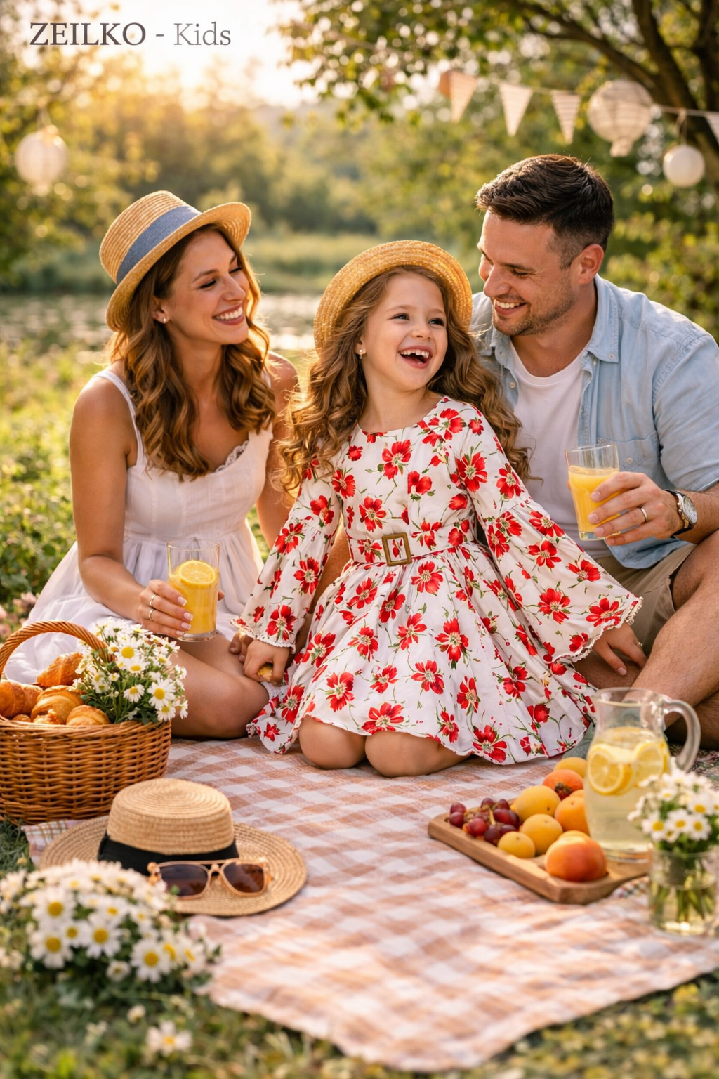 ZEILKO-Kids Mädchen Sommerkleid weiß mit rotem Blumenmuster, Glockenärmeln, Gürtel und luftigem Schnitt für Frühling und Sommer