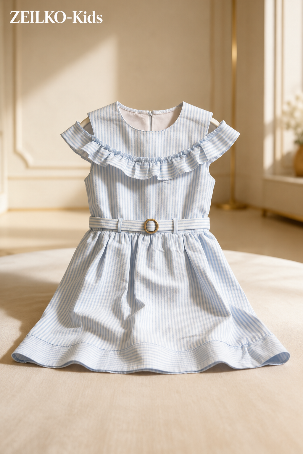 ZEILKO-Kids Mädchen Sommerkleid in Hellblau-Weiß kariert mit Rüschen, Gürtel und luftigem Schnitt für warme Sommertage