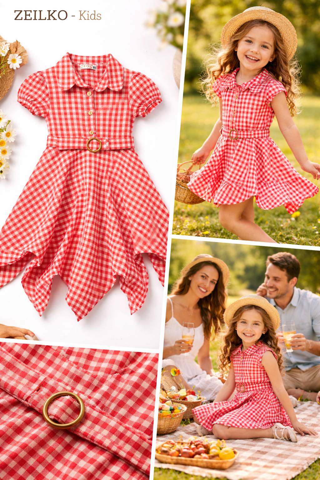 ZEILKO-Kids Mädchen Sommerkleid rot-weiß kariert mit Gürtel, luftigem Schnitt und Strohhut für Frühling und Sommer