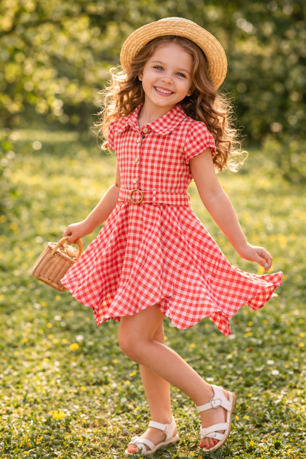 ZEILKO-Kids Mädchen Sommerkleid rot-weiß kariert mit Gürtel, luftigem Schnitt und Strohhut für Frühling und Sommer