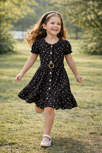 ZEILKO Kids | Mädchen Kleid mit Vogel-Print & Gürtel – Schwarz | 100% Baumwolle | Sommerkleid