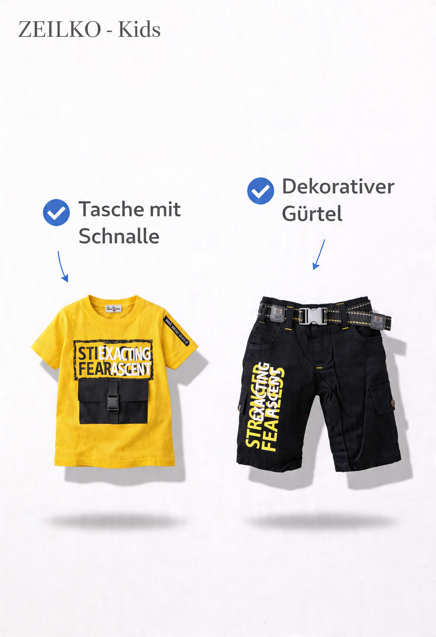 ZEILKO Kids 2-teiliges Jungen Tactical Set – gelbes T-Shirt mit schwarzen Cargo-Shorts, 100% Baumwolle