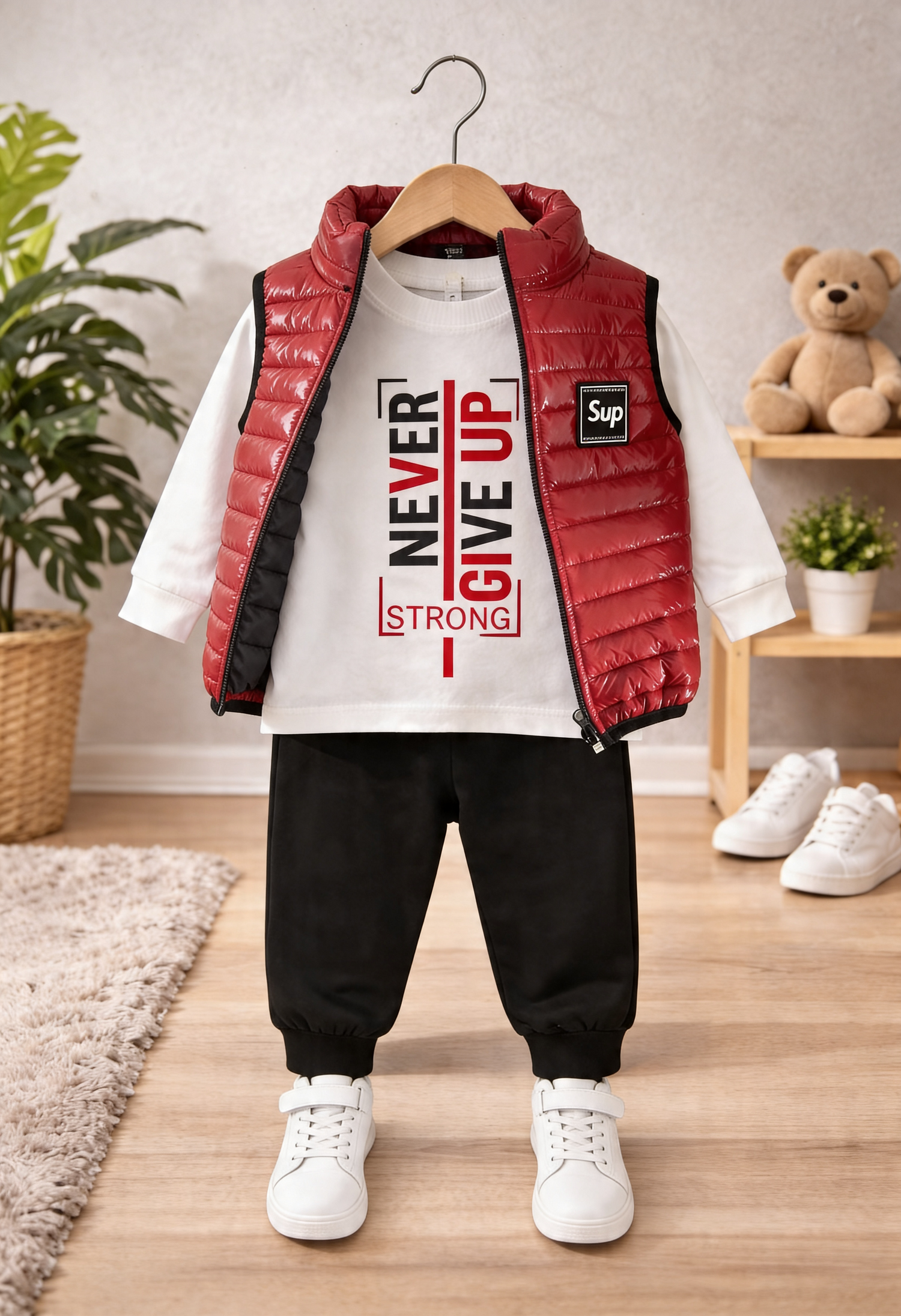 ZEILKO Kids 3-teiliges Jungen-Set mit roter Weste, Shirt und Jogger – Aufdruck Never Give Up