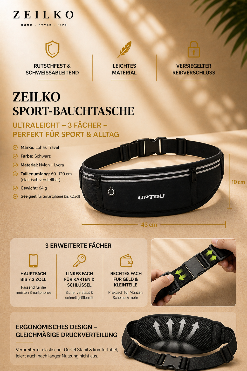 ZEILKO Sport-Bauchtasche als Laufgürtel – ultraleicht 64g, 3 Fächer und Kopfhöreröffnung für Sport und Outdoor