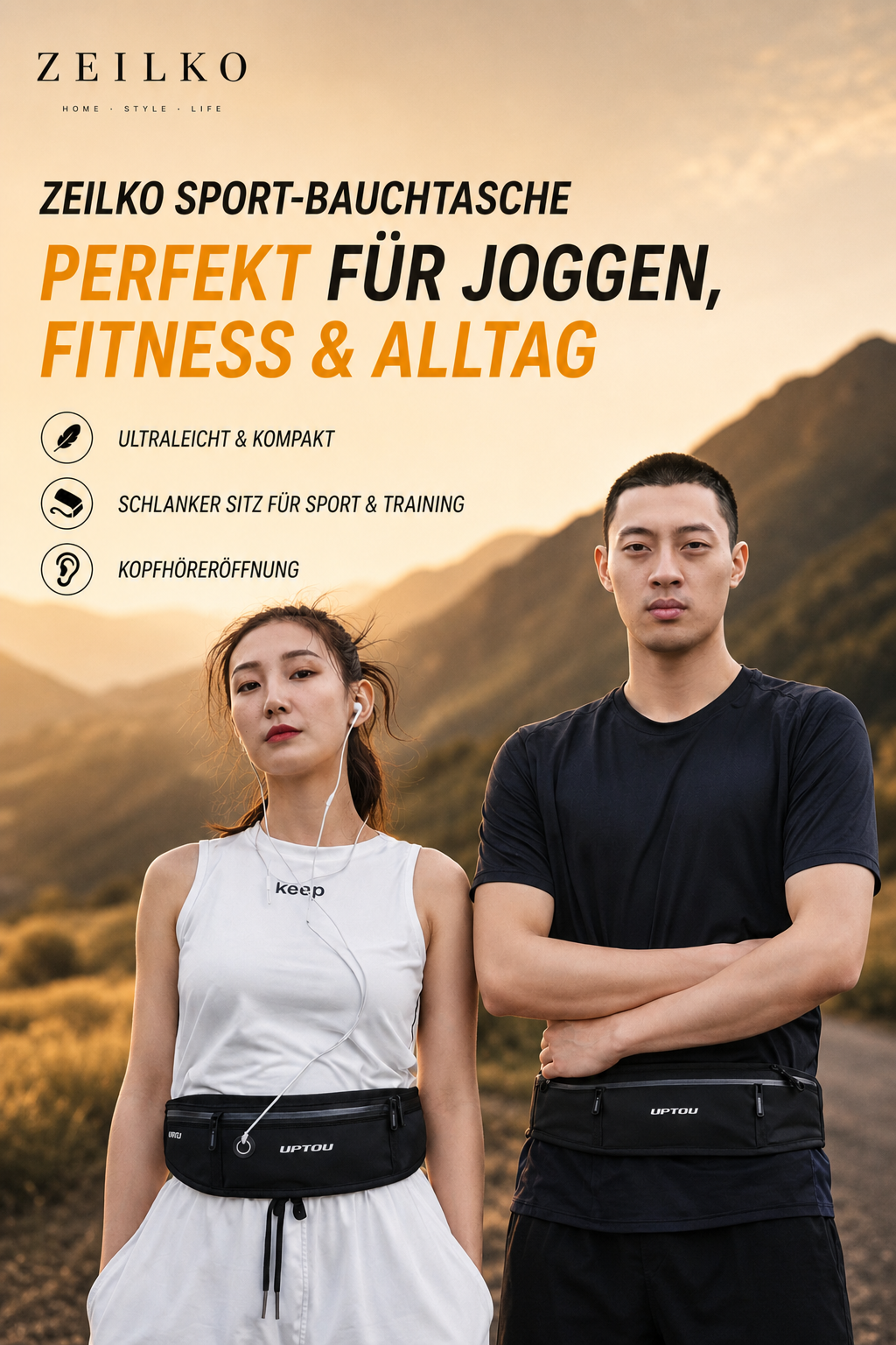 ZEILKO Sport-Bauchtasche als Laufgürtel – ultraleicht 64g, 3 Fächer und Kopfhöreröffnung für Sport und Outdoor