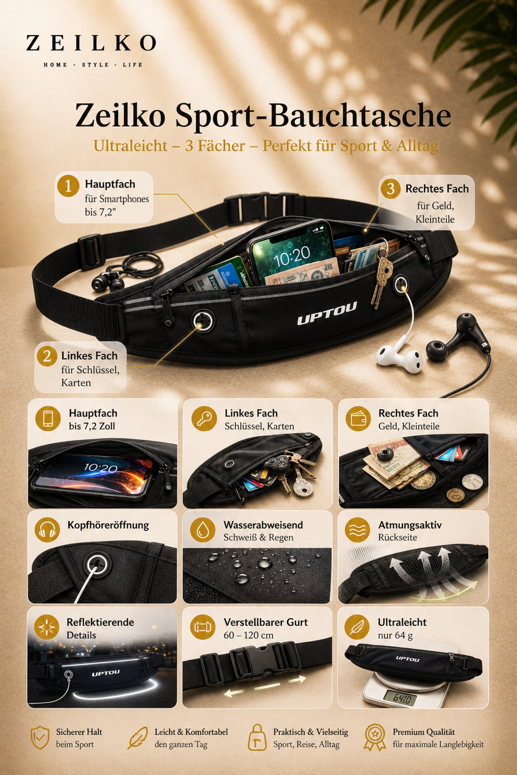 ZEILKO Sport-Bauchtasche als Laufgürtel – ultraleicht 64g, 3 Fächer und Kopfhöreröffnung für Sport und Outdoor