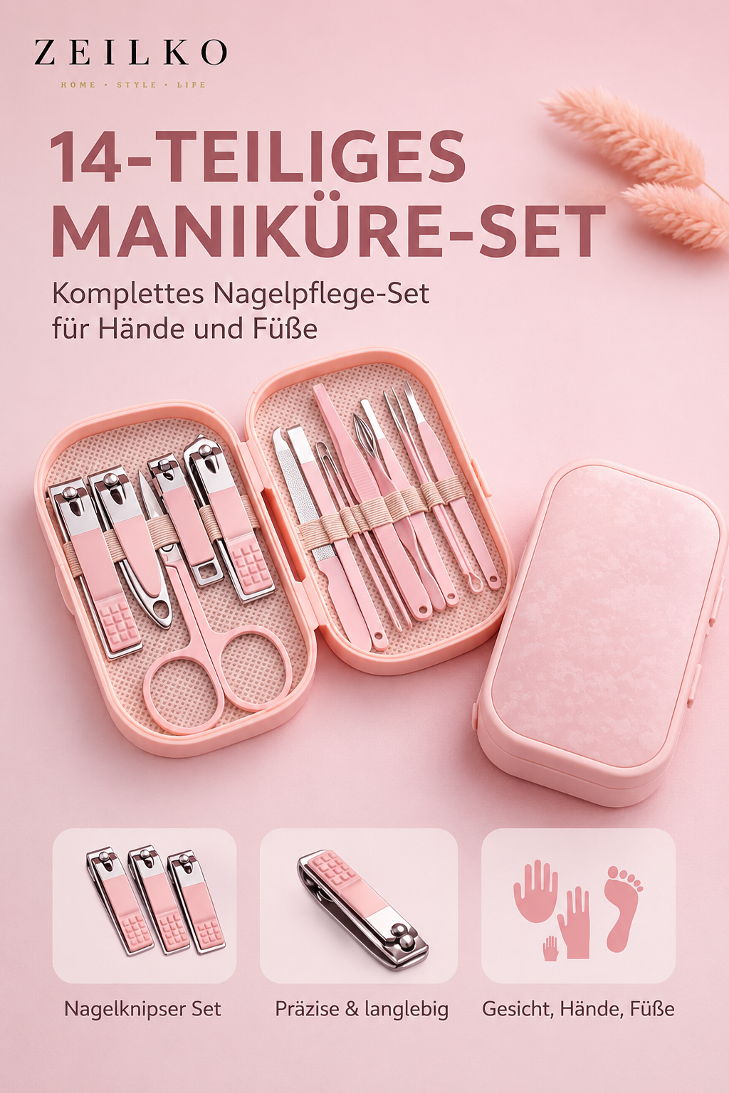 ZEILKO 14-teiliges Maniküre-Set im Etui – Komplett-Set für Nagel-, Hand- und Fußpflege, hygienisch verpackt