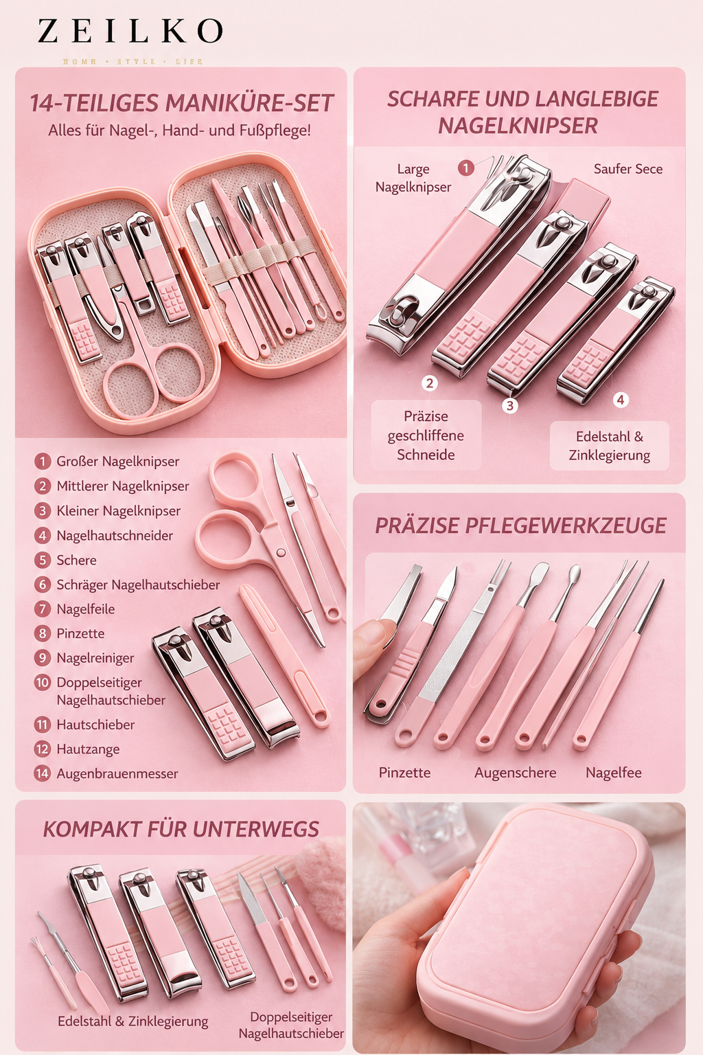 ZEILKO 14-teiliges Maniküre-Set im Etui – Komplett-Set für Nagel-, Hand- und Fußpflege, hygienisch verpackt