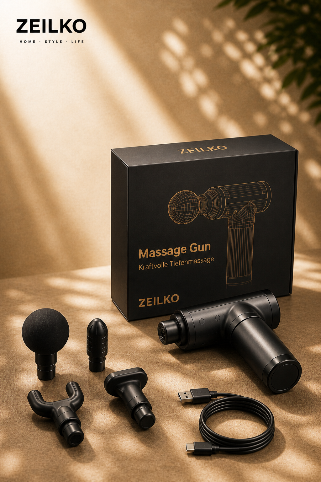 ZEILKO Pro Massage Gun in Schwarz – Tiefengewebsmassage mit 6 Intensitätsstufen und 4 wechselbaren Aufsätzen