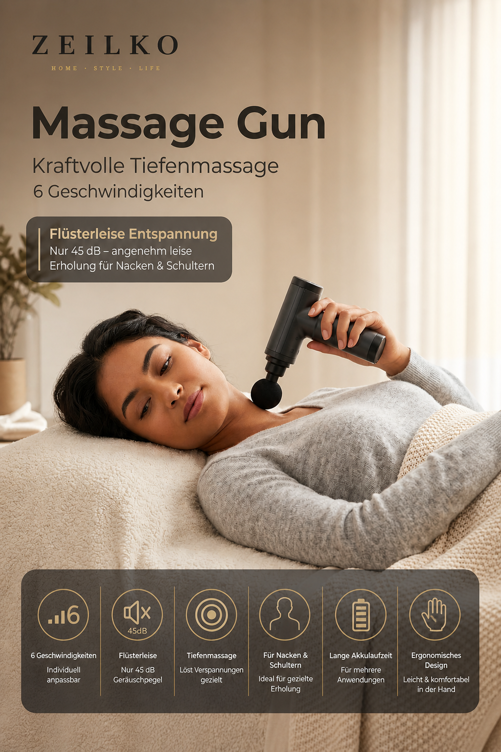 ZEILKO Pro Massage Gun in Schwarz – Tiefengewebsmassage mit 6 Intensitätsstufen und 4 wechselbaren Aufsätzen