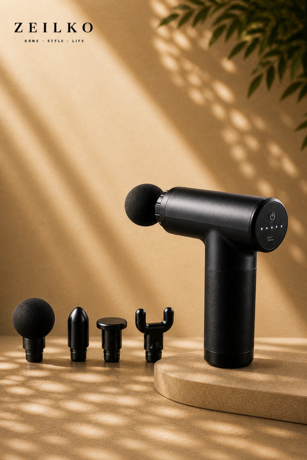 ZEILKO Profi Massage Gun in Schwarz – 6 Intensitätsstufen bis 3600 rpm, 4 Aufsätze, mit AC-Netzteil