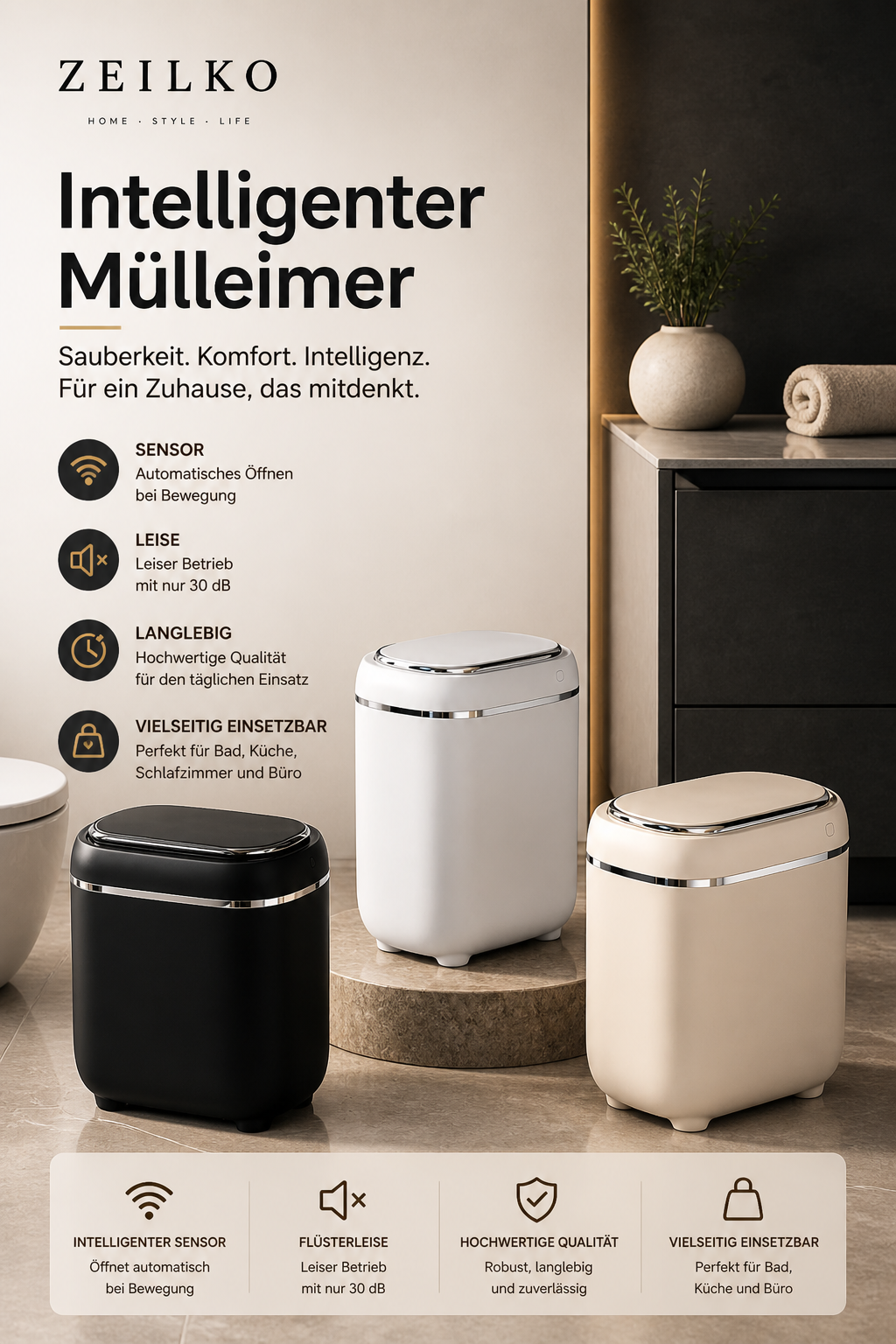 ZEILKO Sensor-Mülleimer 14 Liter in Schwarz – automatischer Deckel, berührungslos, IPX5 wassergeschützt