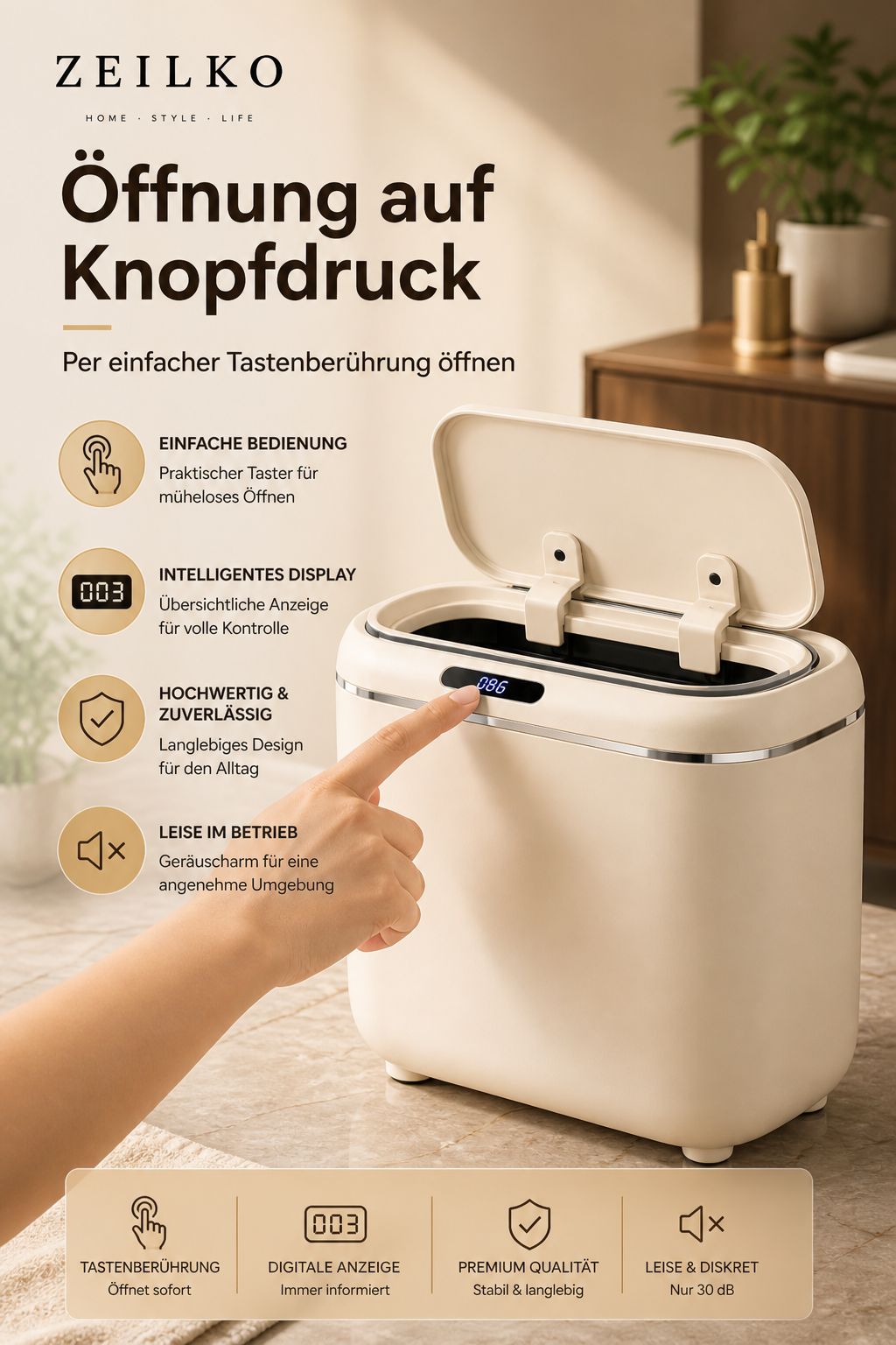 ZEILKO Sensor-Mülleimer 14 Liter in Schwarz – automatischer Deckel, berührungslos, IPX5 wassergeschützt
