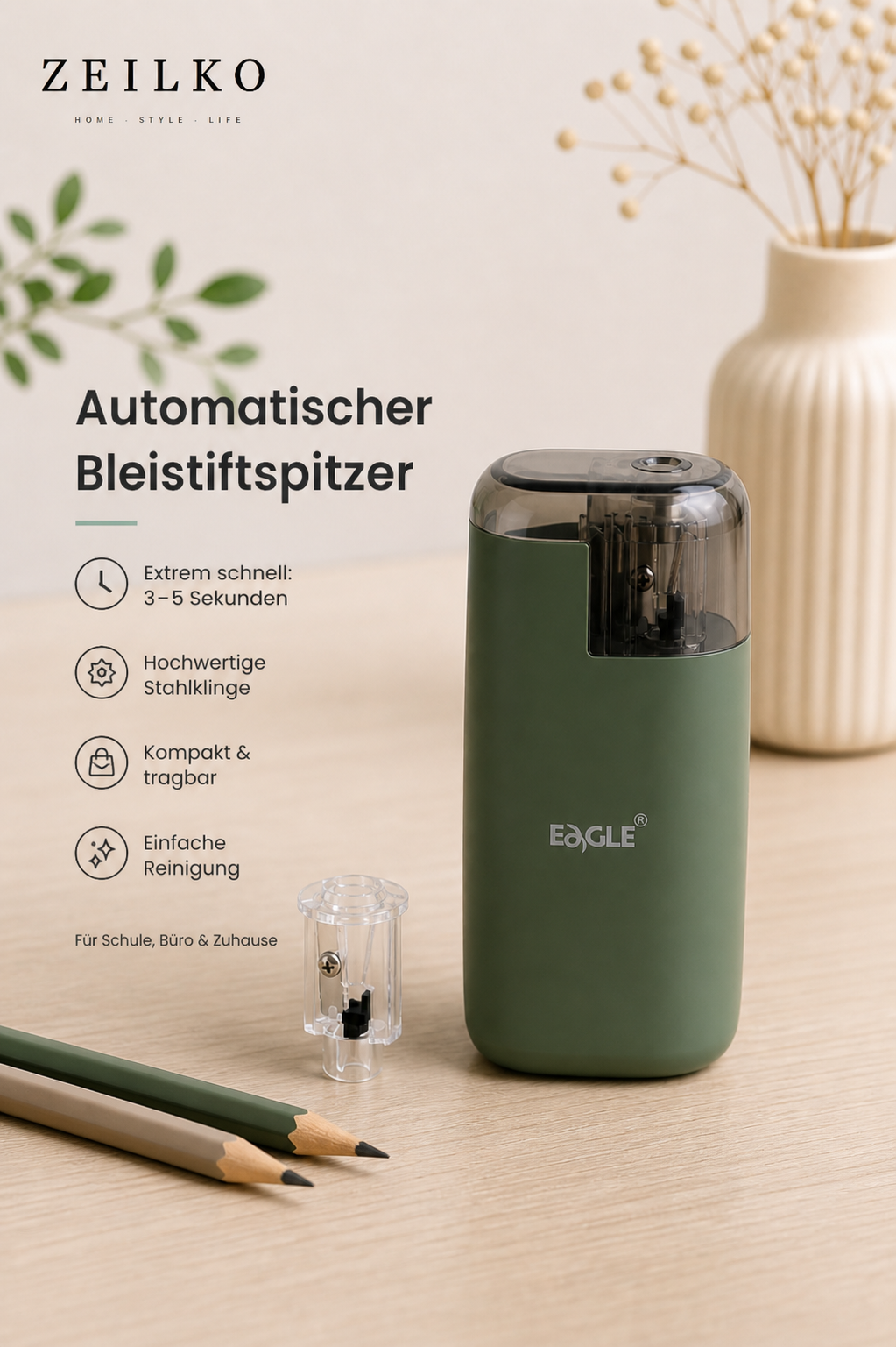 ZEILKO automatischer Bleistiftspitzer in Grün mit schneller 3–5 Sekunden Spitzfunktion, Stahlklinge und kompakter Reinigung für Schule, Büro und Zuhause