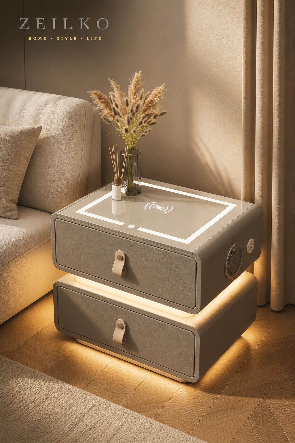 ZEILKO Smart LED Nachttisch mit Holz-Optik – kabellose Ladefunktion, Bluetooth-Lautsprecher und warmes Ambientelicht