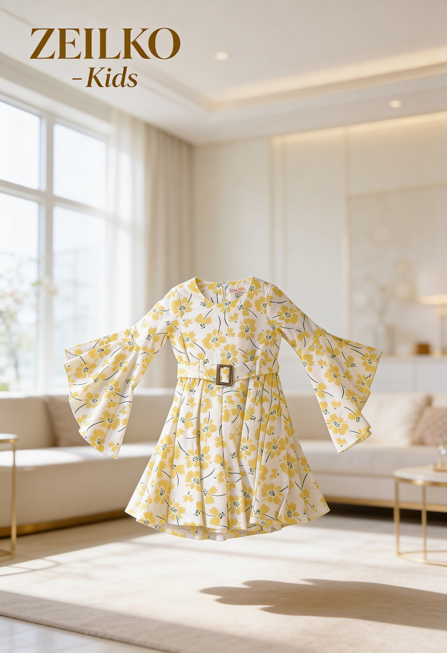 ZEILKO-Kids Mädchen Sommerkleid weiß mit gelbem Blumenmuster, Glockenärmeln, Gürtel und luftigem Schnitt für Frühling und Sommer