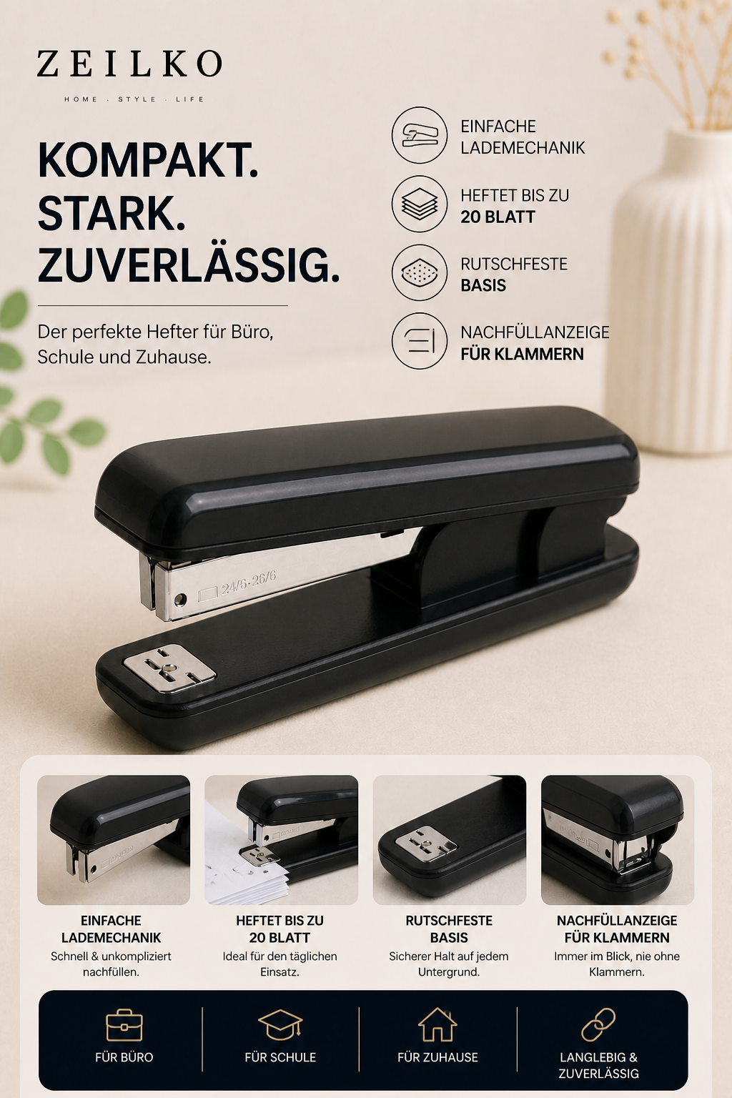 ZEILKO StaplePro Classic Heftgerät in Schwarz/Weiß – robuste Metallmechanik, rutschfeste Basis, bis 20 Blatt
