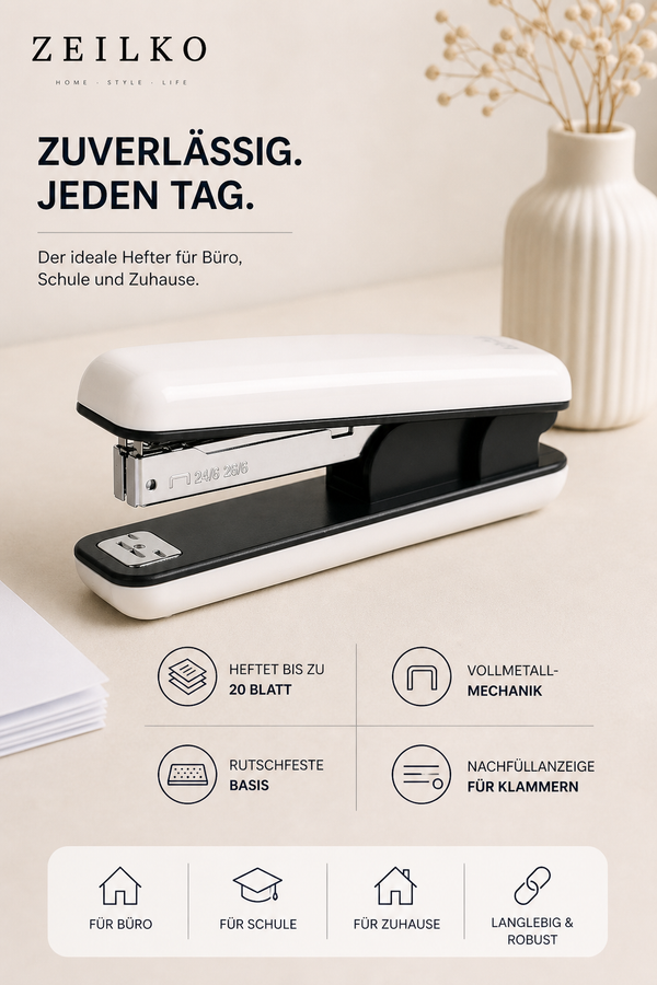 ZEILKO StaplePro Classic Heftgerät in Schwarz/Weiß – robuste Metallmechanik, rutschfeste Basis, bis 20 Blatt