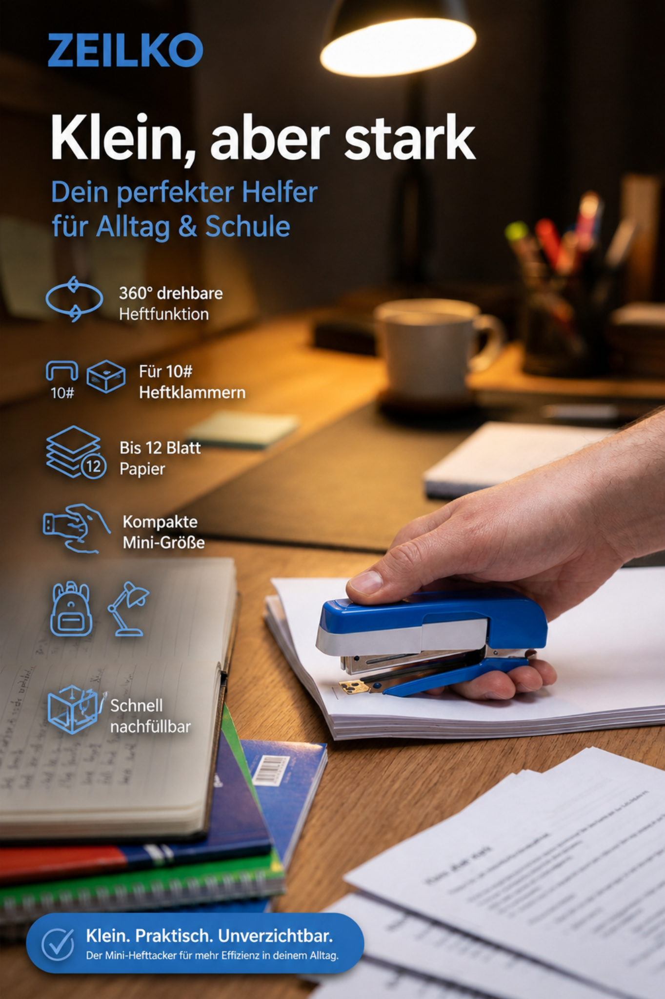 ZEILKO | RotaTac | 360° Drehbarer Mini-Hefttacker | für 10# Klammern | bis 12 Blatt | Schwarz & Blau