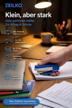 ZEILKO | RotaTac | 360° Drehbarer Mini-Hefttacker | für 10# Klammern | bis 12 Blatt | Schwarz & Blau