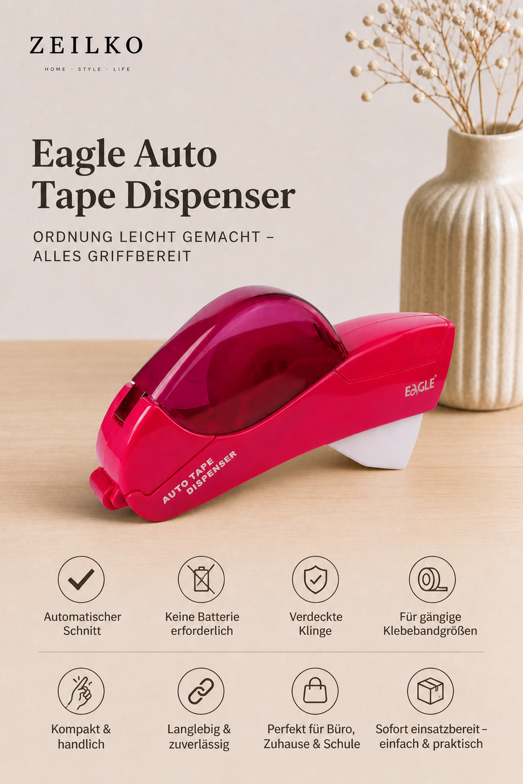 ZEILKO | ClickTape Pro | Automatischer Klebebandabroller | One-Press Dispenser | Magenta