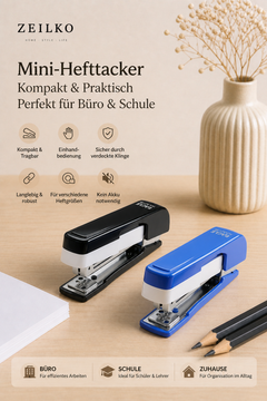 ZEILKO | RotaTac | 360° Drehbarer Mini-Hefttacker | für 10# Klammern | bis 12 Blatt | Schwarz & Blau