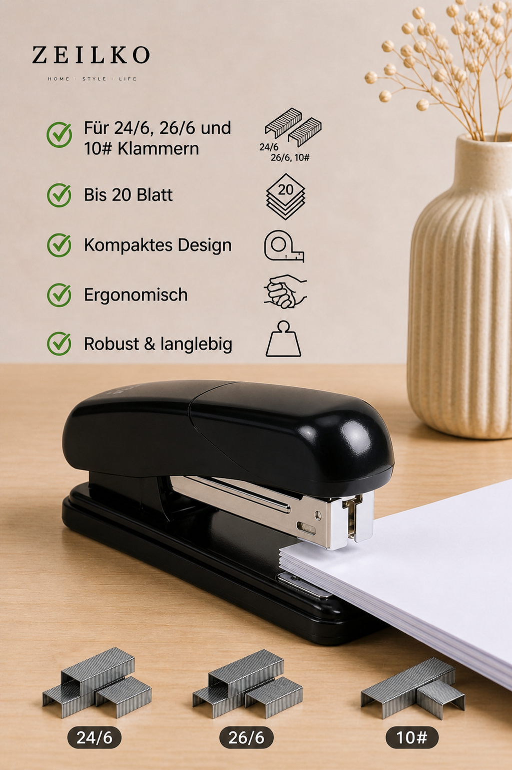 ZEILKO | MiniTac | Kompakter Hefttacker | 24/6, 26/6 & 10# | bis 20 Blatt