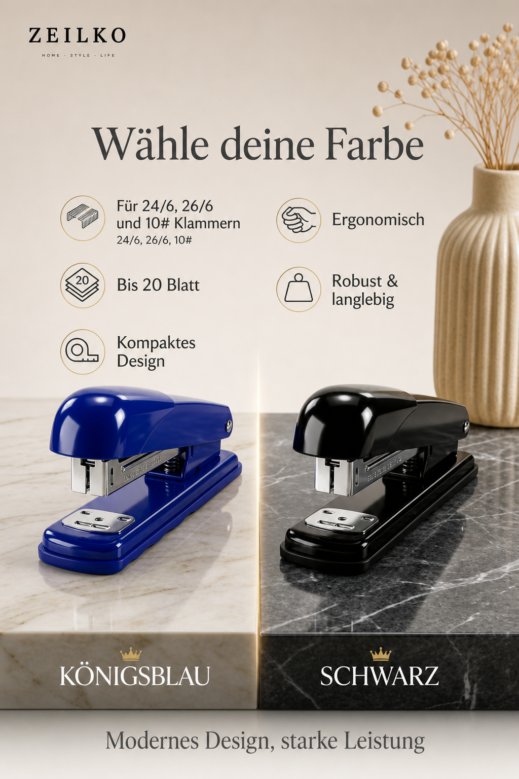 ZEILKO | MiniTac | Kompakter Hefttacker | 24/6, 26/6 & 10# | bis 20 Blatt