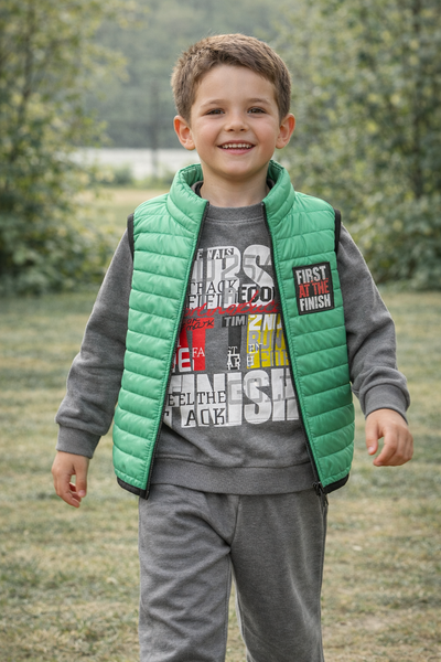 ZEILKO Kids | Jungen 3-teiliges Sport-Set Weste, Sweatshirt & Jogger | Grün/Grau